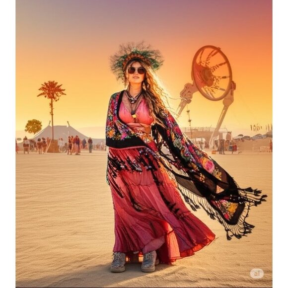 Comfyluxe Boho Whimsy Floral Crocheted Detailing Tassels Long Kimono Onesize NWT - Picture 1 of 15